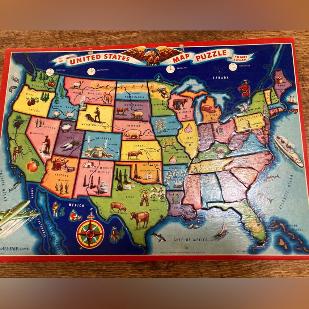 AV6 Vintage 1940's #1400 All-Fair Game Frame  United States Map Puzzle